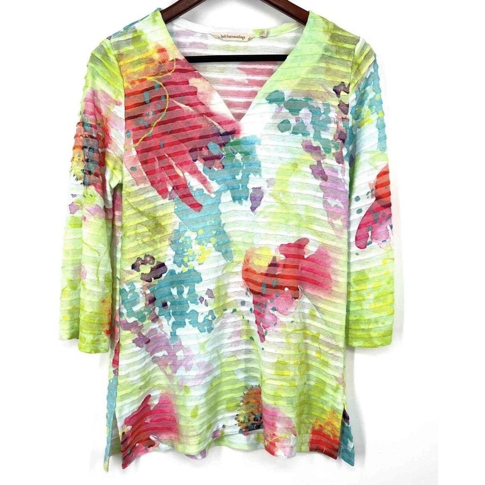 Soft Surroundings Womens Shirt M Polyester Rayon Bright Flowers Stripes Casual